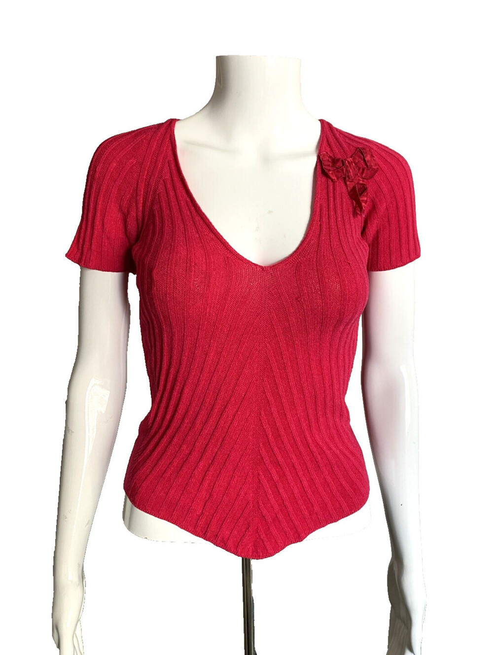 Louis Vuitton XS/S Fuchsia Pink Dressy Top Blouse V-Neck Ribbed Bow Detail